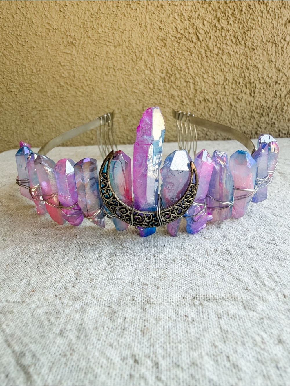 Handmade Quartz Fairy Crystal Crown Crescent Moon Witch Festival Tiara Headpiece